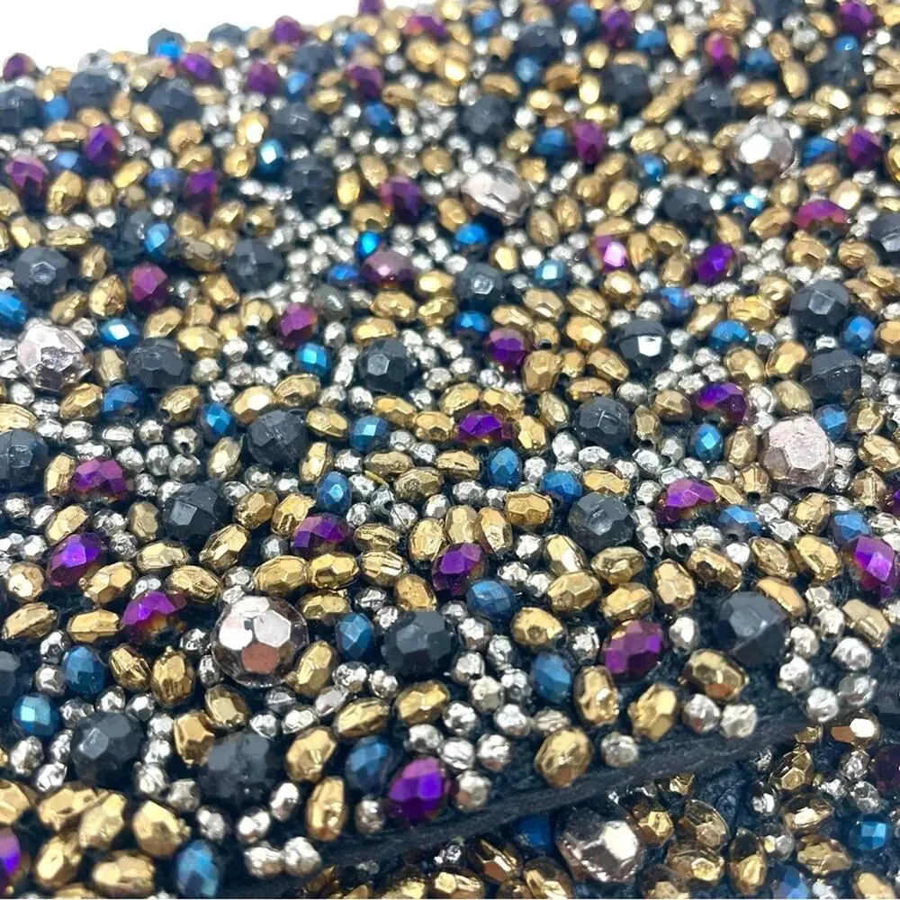Free People Multicolor Black Beaded Evening Clutch Purse w/ Gunmetal Chain Strap
